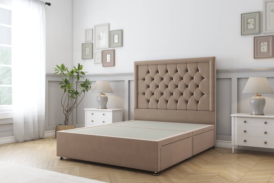 image 1 of Sloomy Montana Mink Plush Divan Bed Base 2 Drawers Foot-End With 54 Inch Floor Standing Headboard | Brown | Mink | Super King | 1