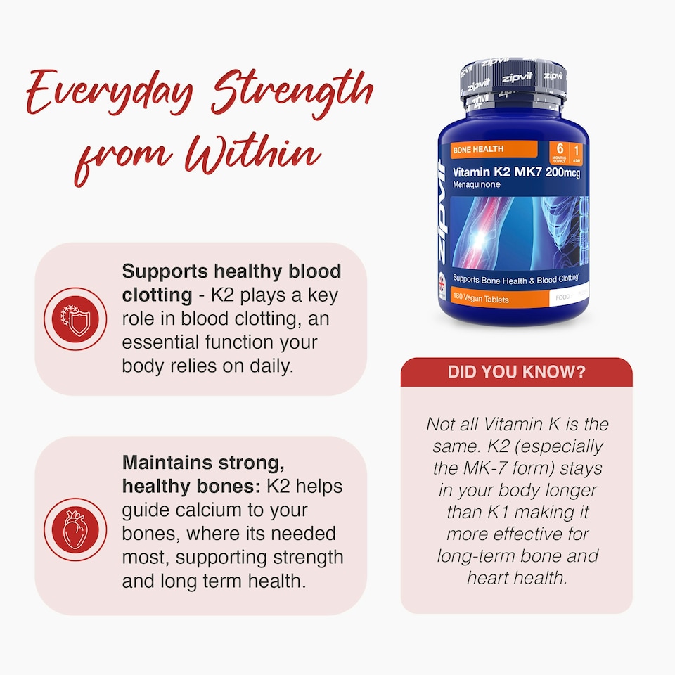 image 1 of Zipvit Vitamin K2 MK-7 200mcg – Heart & Bone Support, 180 Vegan Tablets, 6-Month Supply