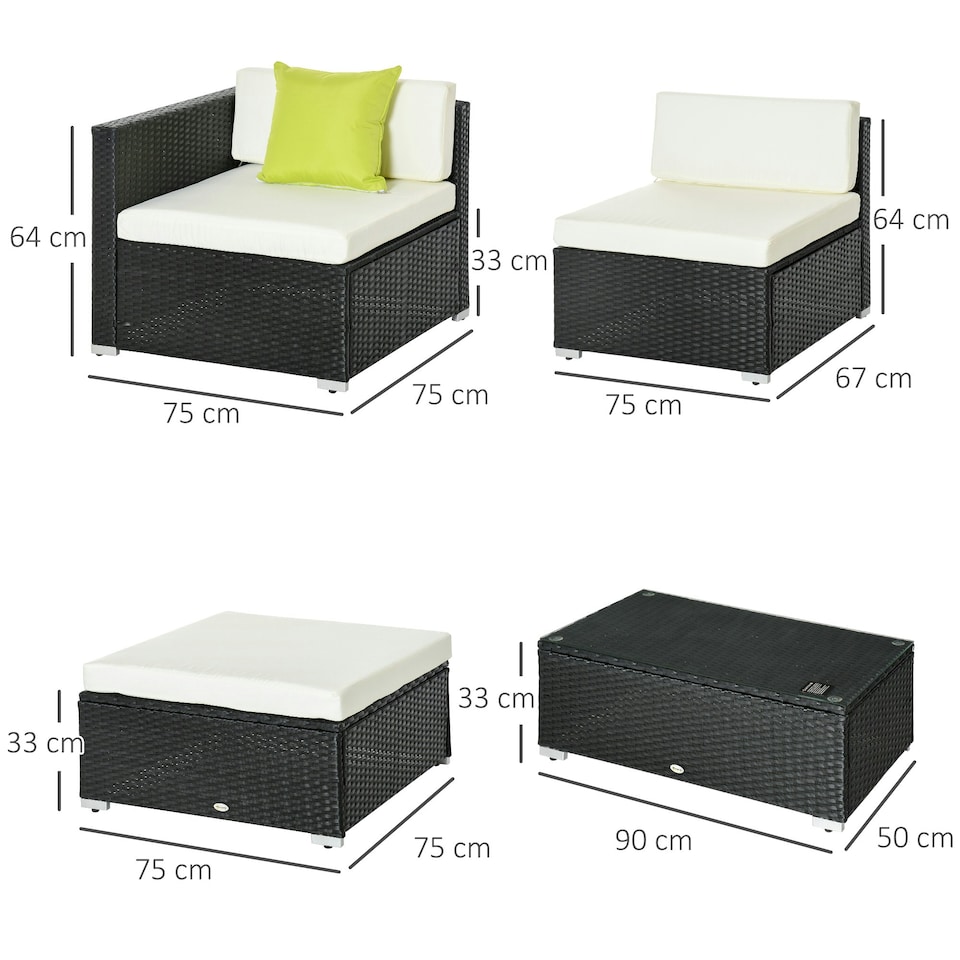 image 1 of Outsunny 5 Pieces Rattan Sofa Set Wicker Sectional Cushion Patio Black Garden