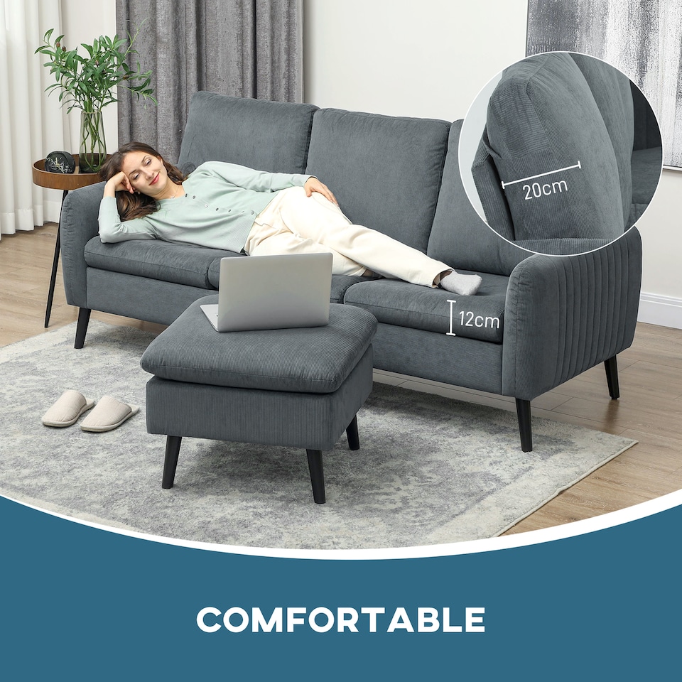 image 1 of HOMCOM 3 Seater Sofa with Ottoman, 196cm Corduroy L-shaped Sofa Couch with Scatter Back, Reversible Chaise Lounge for Living Room, Home Office, Small Spaces, Charcoal Grey | Grey