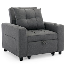 Hudson 1-Seater Sofa Bed Linen Fabric with Cup Holders (Grey)