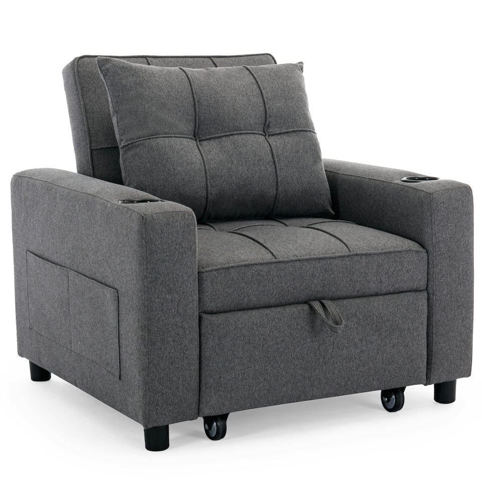 image 1 of Hudson 1-Seater Sofa Bed Linen Fabric with Cup Holders (Grey)