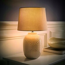 ValueLights Harrison Tapered Shade Grey Geo Ribbed Pattern Gloss Medium Table Lamp with Bulb Grey
