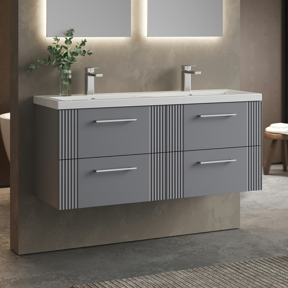 image 1 of Retro 4 Drawer Wall Hung Vanity Unit with Double Ceramic Basin - 1200mm - Satin Grey - Balterley Grey