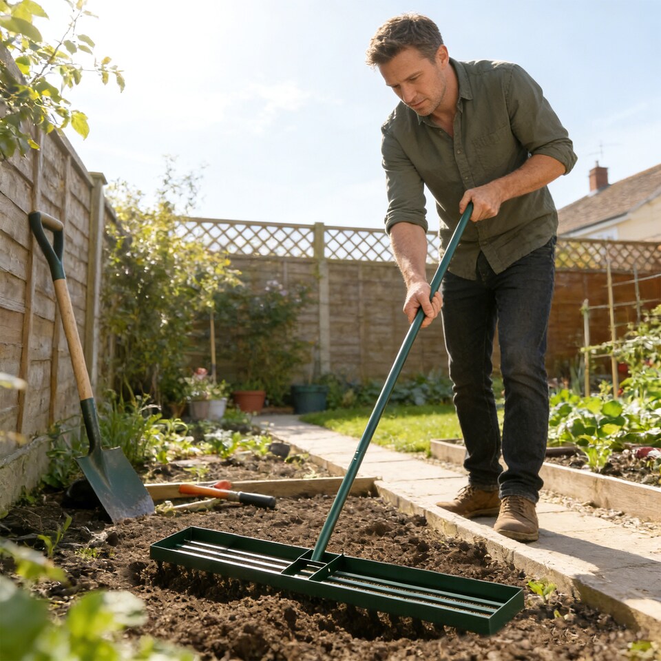 image 1 of Outsunny 113 x 26 cm Lawn Levelling Rake with 169 cm Handle | Green | Green | 113L x 26W x 177H cm