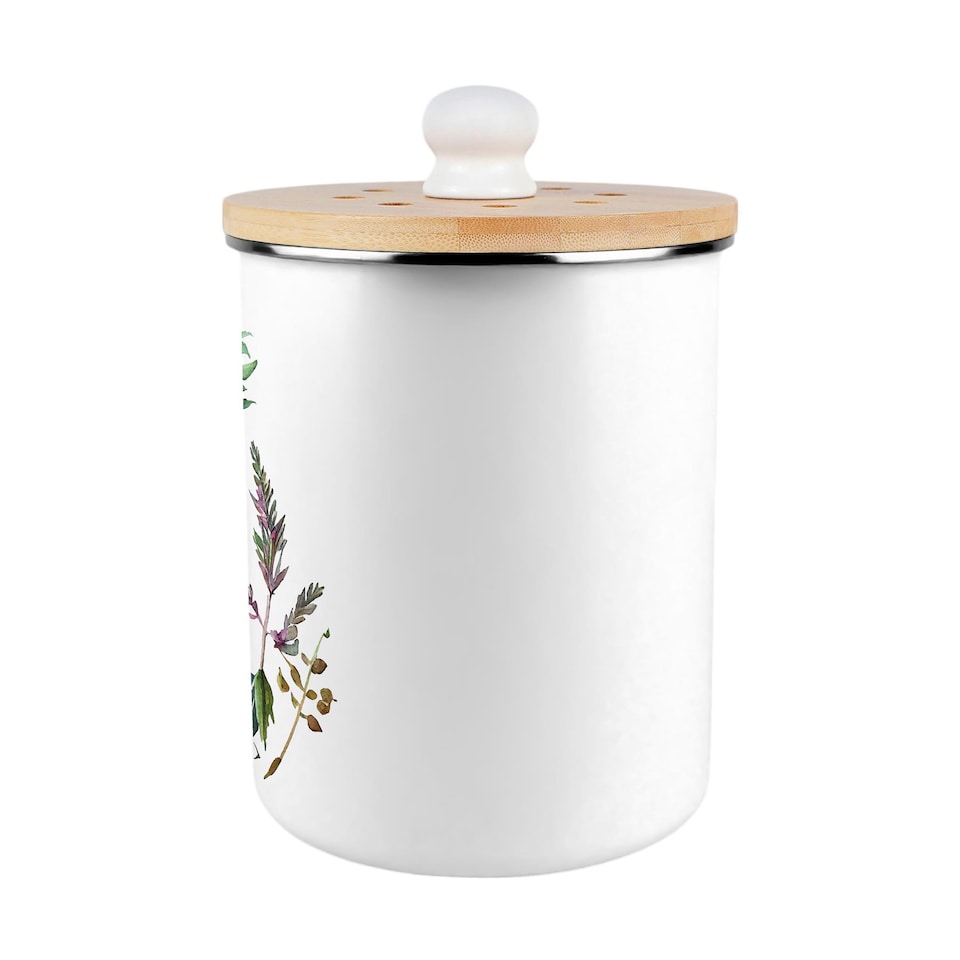 image 1 of Watercolour Herbs Food Waste Caddy - Metal 2L Decorative Kitchen Compost Bin