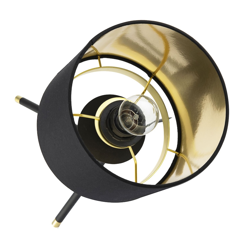image 1 of Black Tripod Table Lamp with Gold Metal Ring and Cotton Drum Shade