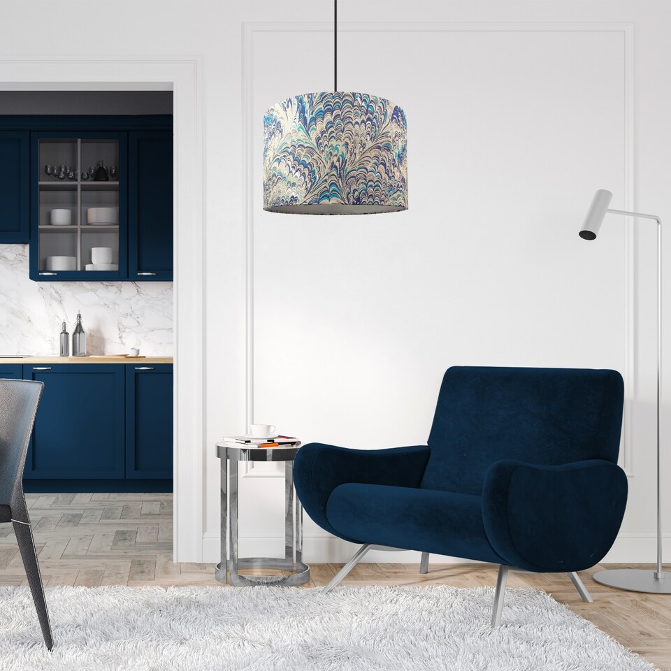 image 1 of Contemporary and Vivid Peacock Print 40cm Table-Pendant Lampshade in Soft Cotton | Multi