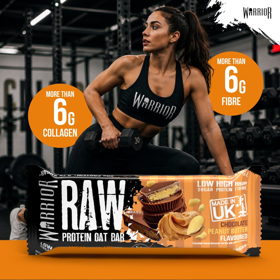 image 1 of Warrior RAW Protein Bars 12 x 75g – 20g High Protein Bar, Low Sugar High Fibre Oat Protein Flapjack – Protein Snacks, Meal Replacement Bars (Chocolate Peanut Butter)