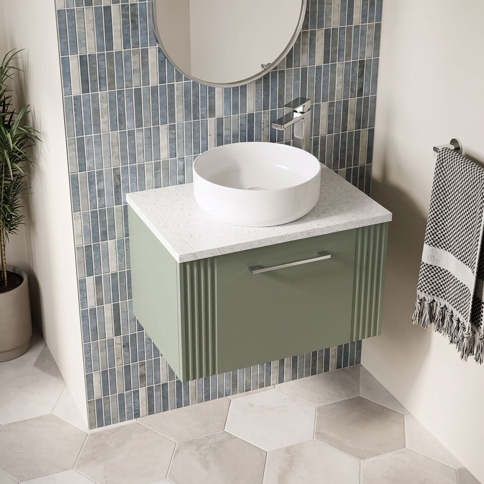 image 1 of Balterley Partial Fluted 1 Drawer Wall Hung Vanity Unit with Sparkling Laminate Worktop | Green | Satin Green