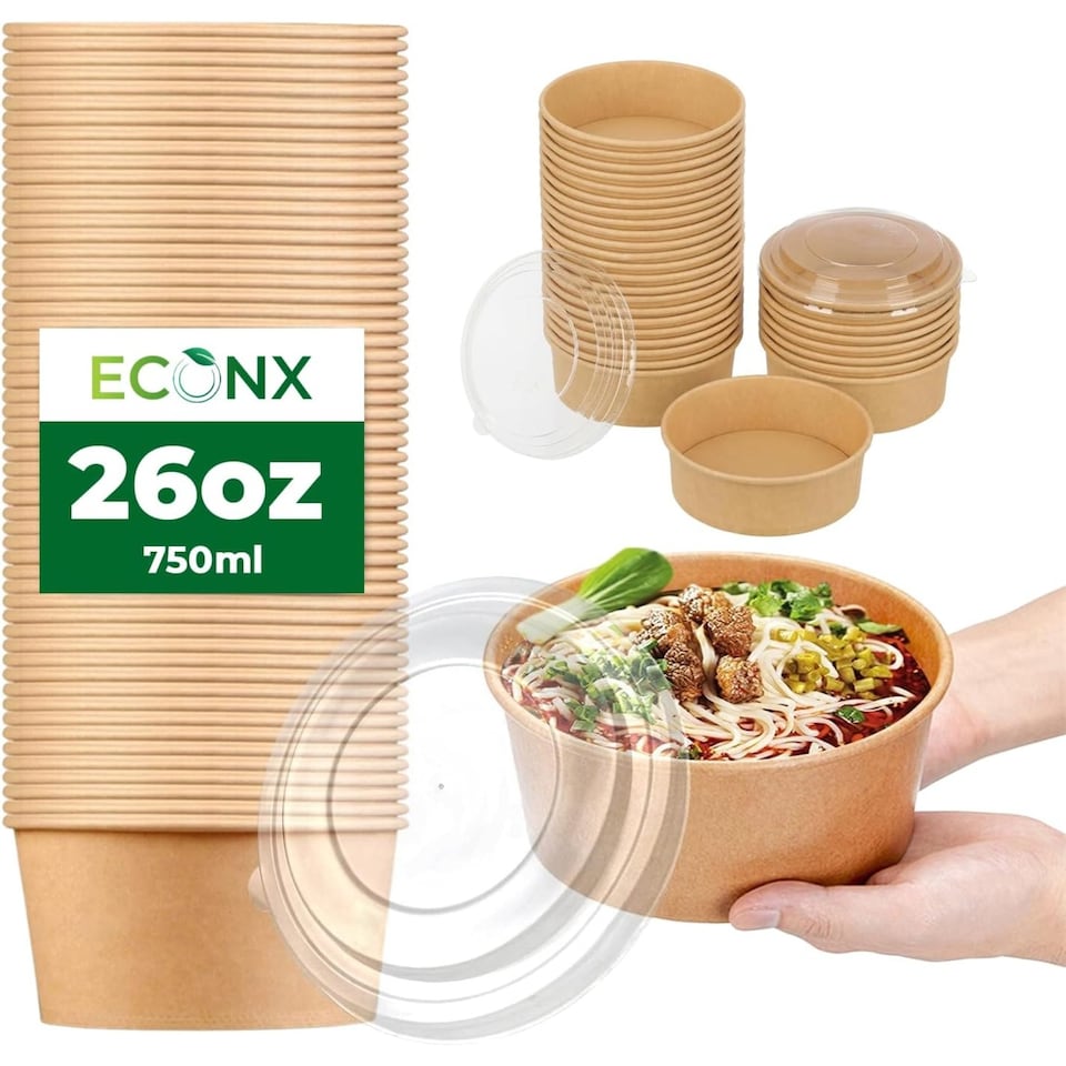 image 1 of ECONX 26oz 750ml Salad Paper Bowls with Lids Disposable Takeaway Bowls Food Container 100pc