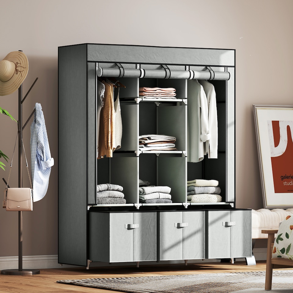 image 1 of HOMCOM Fabric Wardrobe for Bedroom, Portable Wardrobe with 5 Shelves, 2 Hanging Rails and 3 Fabric Drawers, Foldable Closet, 125 x 43 x 162.5cm, Light Grey | Grey | Light Grey