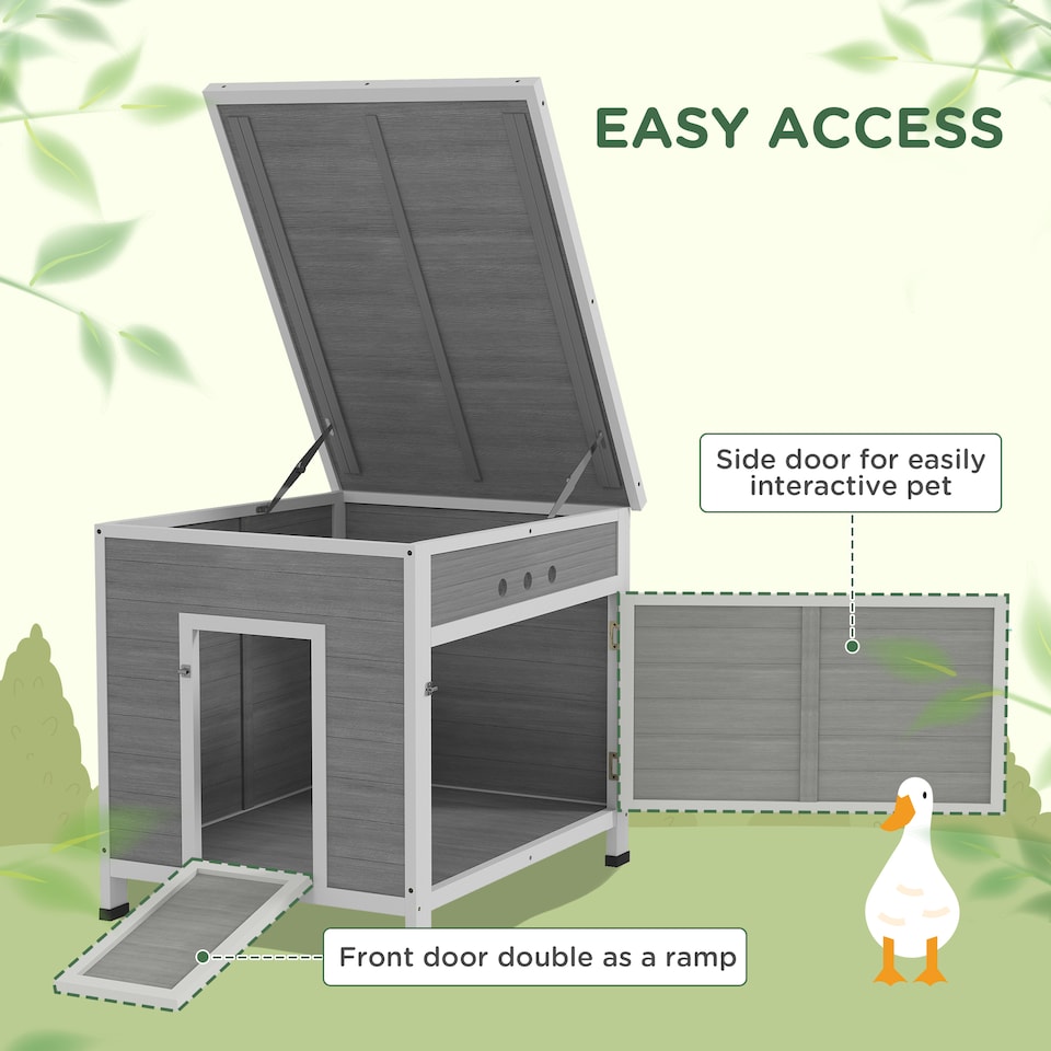 image 1 of PawHut Wooden Duck House, Raised Poultry Coop with Ramp, Double Doors, Openable Asphalt Roof, Ventilation Holes, Removable Base, for 2-4 Ducks, Chickens, Geese