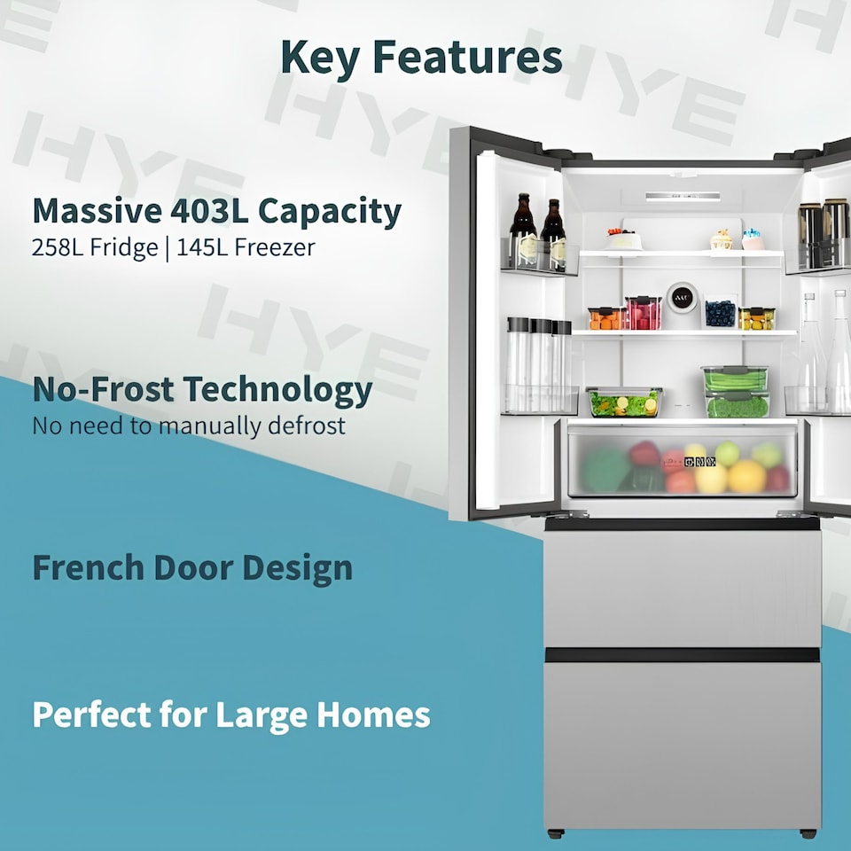 image 1 of HYE 403 Litre Frost Free French Door American Fridge Freezer, 70cm, Silver - RF01AMFD403DS07