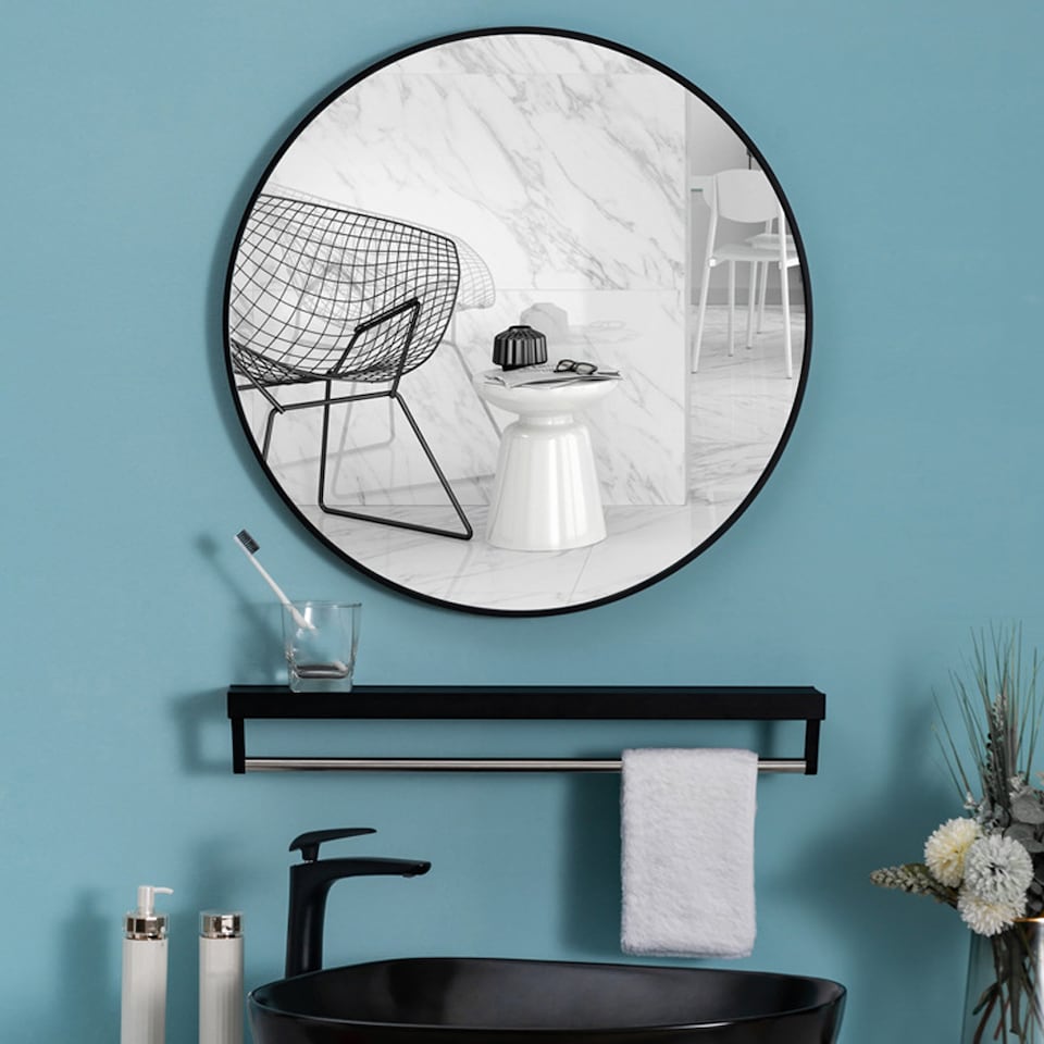image 1 of Living and Home 60cm Nordic Round Bathroom Wall Mirror | Black | 60cm