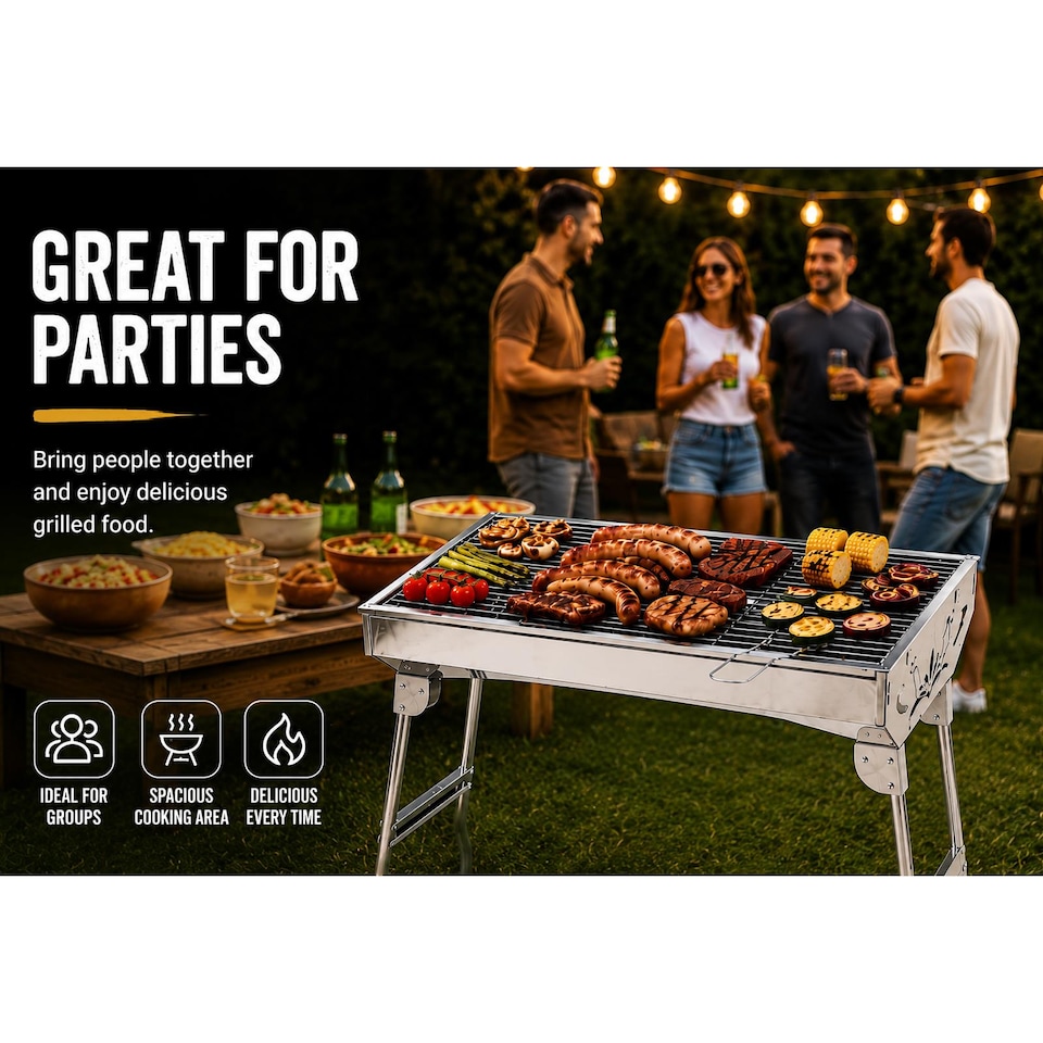 image 1 of Portable Charcoal BBQ Grill Folding Stainless Steel Barbecue Camping Festival