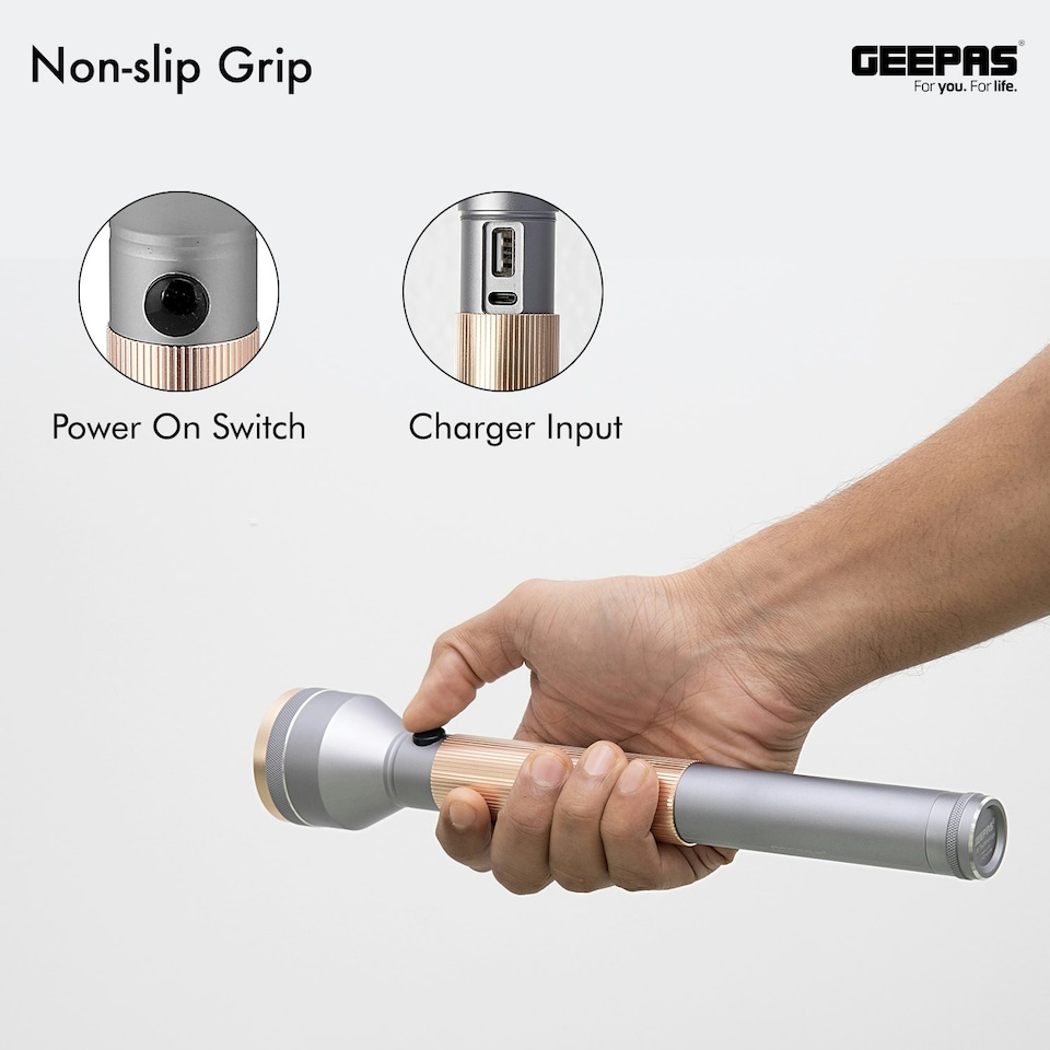 image 1 of GEEPAS Rechargeable LED Flashlight with Inbuilt Power Bank for USB Charging