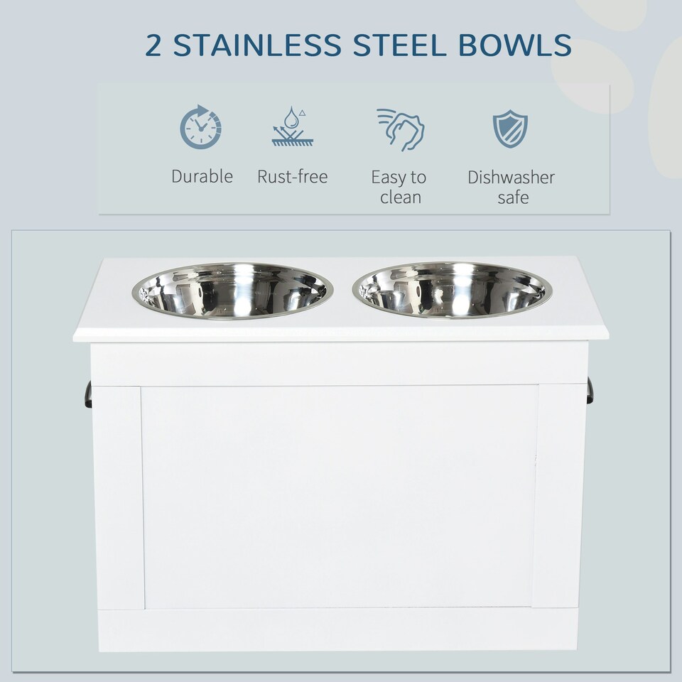 image 1 of PawHut Raised Pet Bowls w/ Storage, Two Stainless Bowls, Elevated Base - White