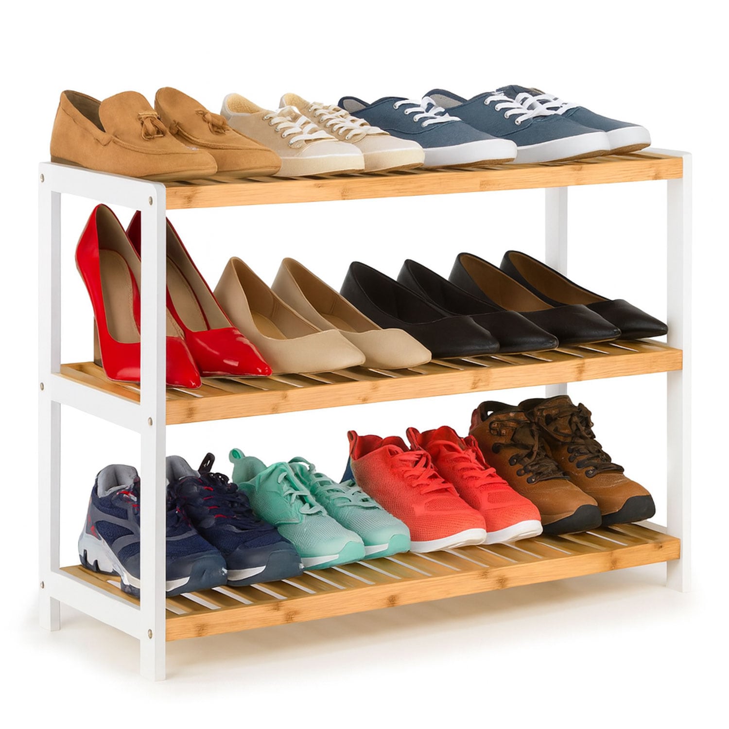 Neo White/Natural 3-Tier Bamboo Shoe Rack Stand Natural Wooden Shoe Storage Shelf for Hallway Bedroom Bathroom | White | White/Natural