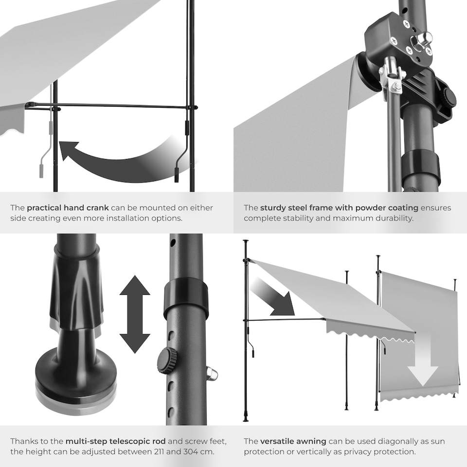 image 1 of Awning with hand crank - pressure fitted , height adjustable | Grey | light grey | 200 x 180 cm | 1
