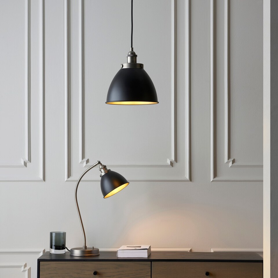 image 1 of Franklin 23cm Pendant Ceiling Lamp, Aged Pewter Plate, Matt Black Paint