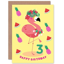 Flamingo Fruit Fun Cartoon Age 3 Year Old Child Kids 3rd Birthday Card