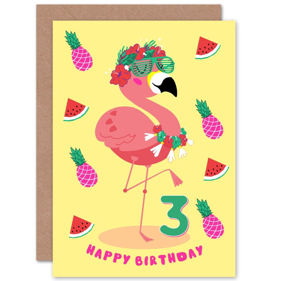 image 1 of Flamingo Fruit Fun Cartoon Age 3 Year Old Child Kids 3rd Birthday Card