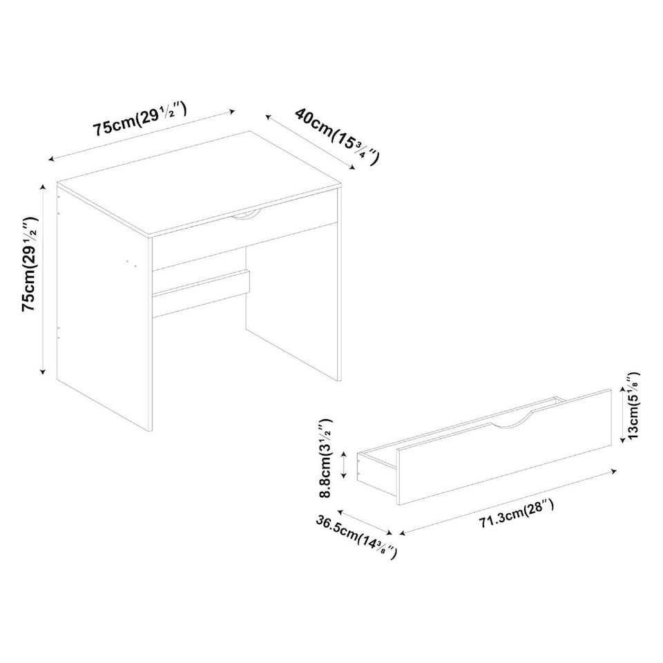 image 1 of 1 Drawer Dressing Table Console Desk, 75 x 40 x 75 cm | White | White & Oak | 9 x 42.5 x 77.5 | 1