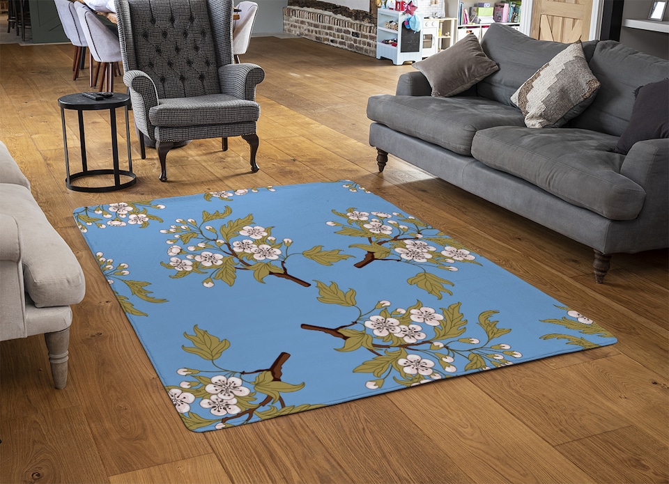 image 1 of Orchid Branches On Blue Rug | Multi