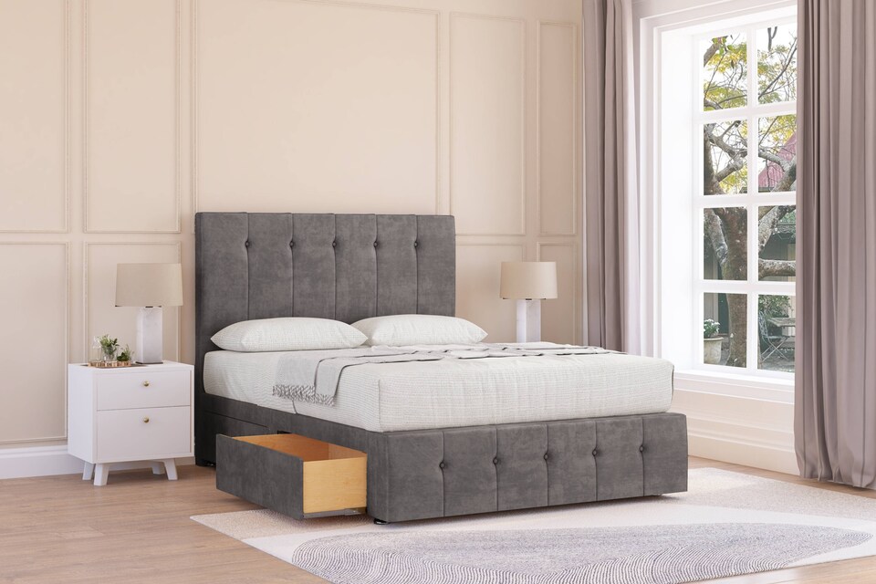 image 1 of Sloomy Cambridge Slate Naples Divan Bed With Mattress 4 Drawers With 26" Strutted Headboard & 12" Matching Footboard 6' Super King | Grey | Slate | Super King | 1
