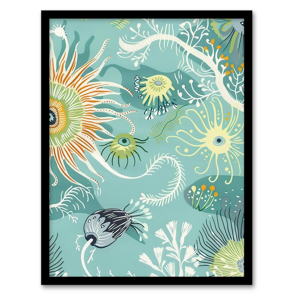 image 1 of Abstract Under Water Sea Drawing Sea Life Ocean Black Framed Wall Art Print A4