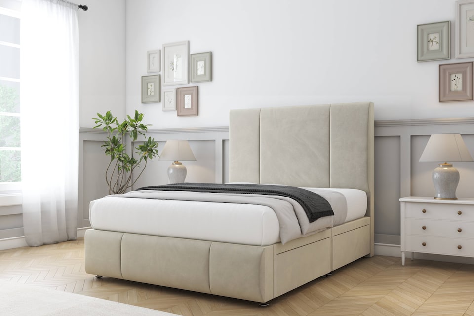 image 1 of Sloomy Lisbon Cream Plush Divan Bed With Mattress 2 Drawers Right Side With 26" Strutted Headboard & 12" Matching Footboard 5' King | Cream | Cream | King | 1