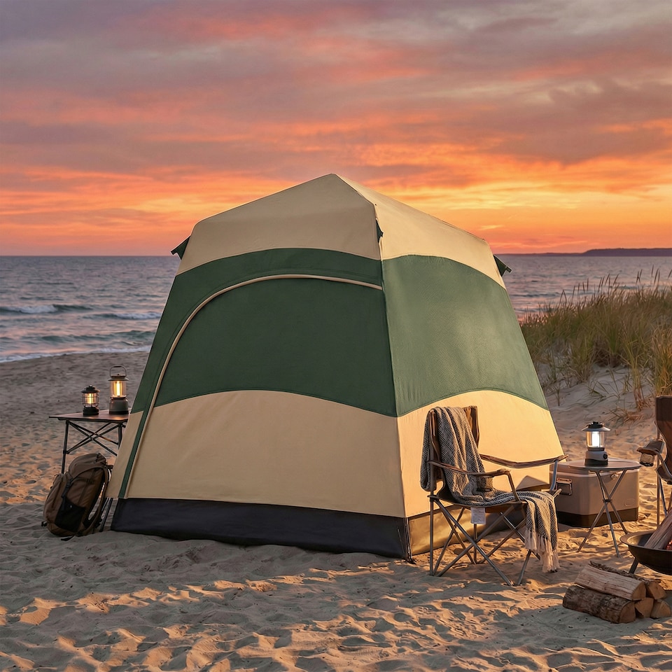 image 1 of Outsunny Double Layer Pop Up Tent with Rainfly, Portable Camping Shelter | Green