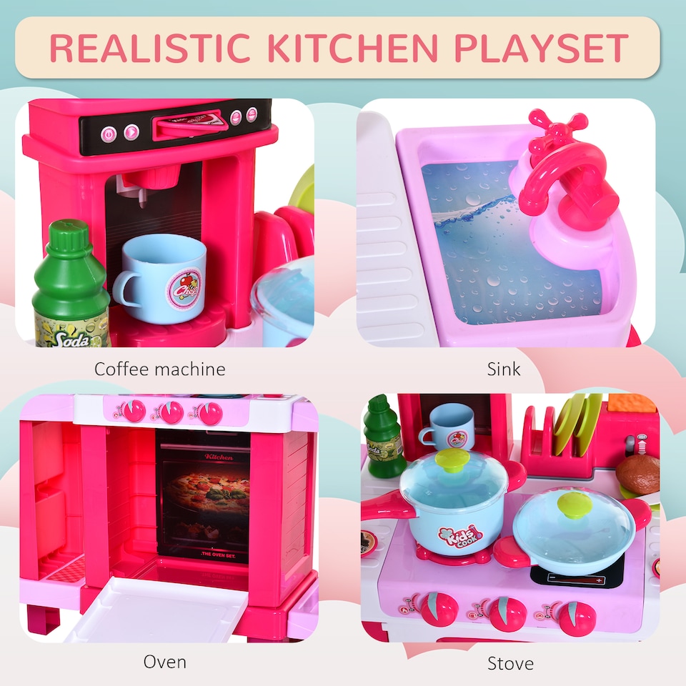 image 1 of HOMCOM 38 Pcs Kids Children Kitchen Play Set with Realistic Sounds Lights Food Utensils Pots Pans Appliances Toy Game Pink