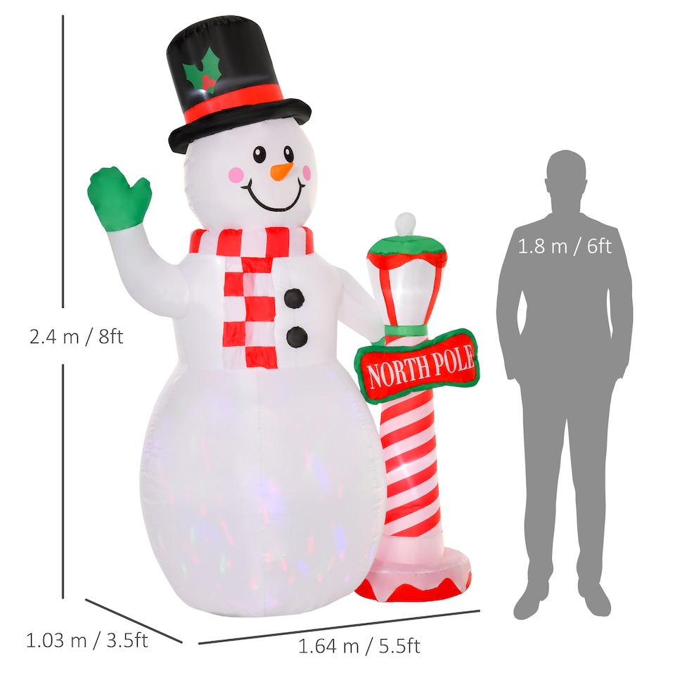 image 1 of HOMCOM 8ft Tall Christmas Inflatable Snowman with Street Lamp, Lighted for Home Indoor Outdoor Garden Lawn Decoration Party Prop