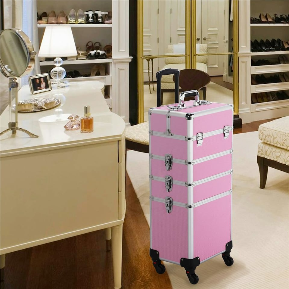 image 1 of Yaheetech 4-In-1 Rolling Makeup Trolley Case Aluminum Black | Pink