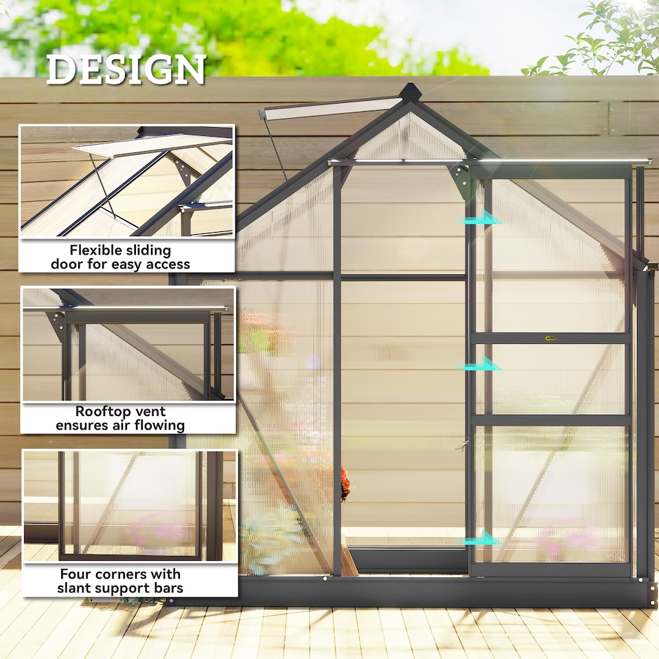 image 1 of Outsunny 6x4ft Walk-In Polycarbonate Greenhouse Plant Grow Galvanized Aluminium | Grey