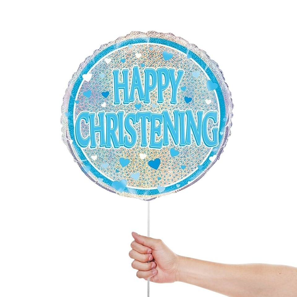 image 1 of Blue Christening Holographic Round Foil Helium Balloon 46cm / 18 in