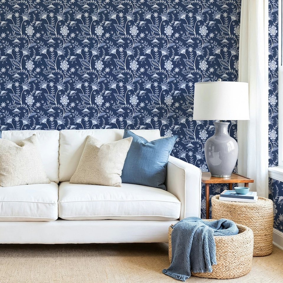 image 1 of Jacobean Floral Wallpaper in Navy Blue