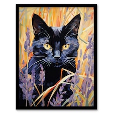 Cat Lavender Meadow Floral Animal Portrait Black Framed Wall Art Print A4