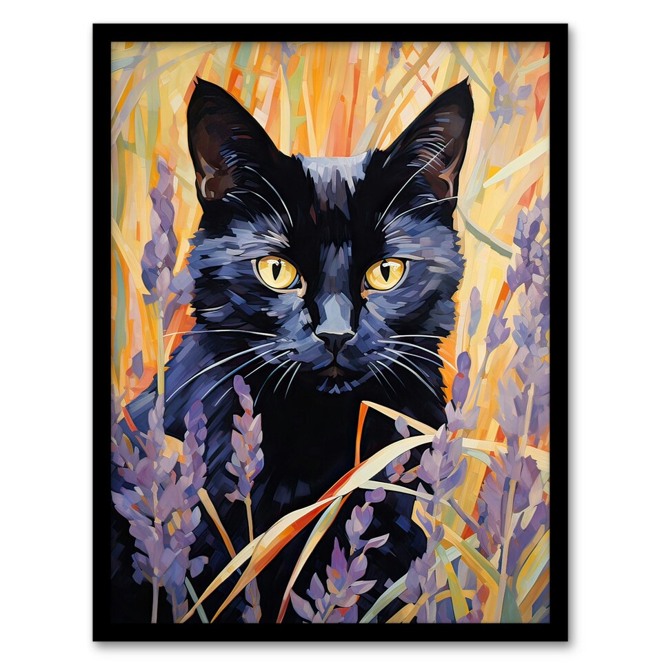 image 1 of Cat Lavender Meadow Floral Animal Portrait Black Framed Wall Art Print A4