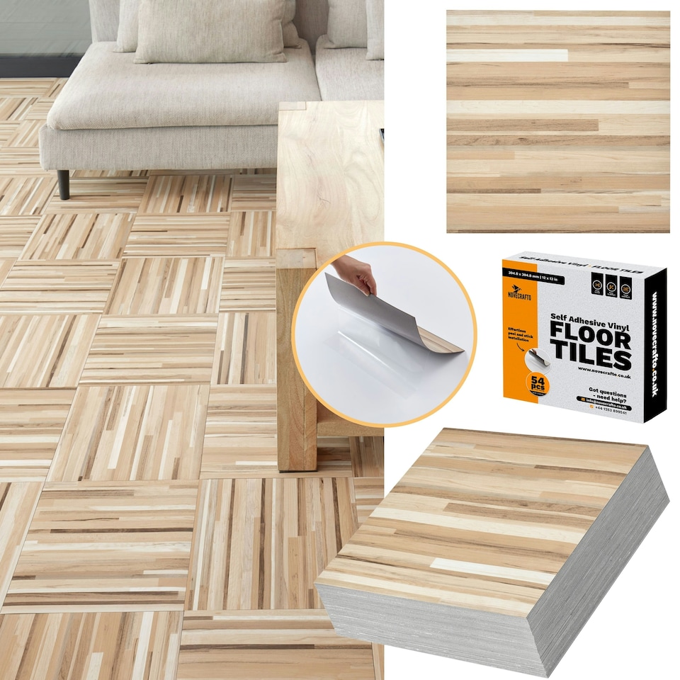image 1 of NOVECRAFTO Vinyl Floor Tiles Self Adhesive – 12x12in Peel and Stick Flooring for Kitchen, Bathroom & Living Room – Beige Brown Wooden Stripes Design Brown | 2.79 sqm