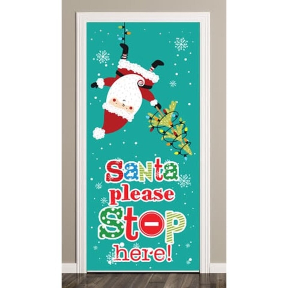 Santa Please Stop Here Christmas Lights Door Cover PVC Party Sign Decoration 66cm x 152cm
