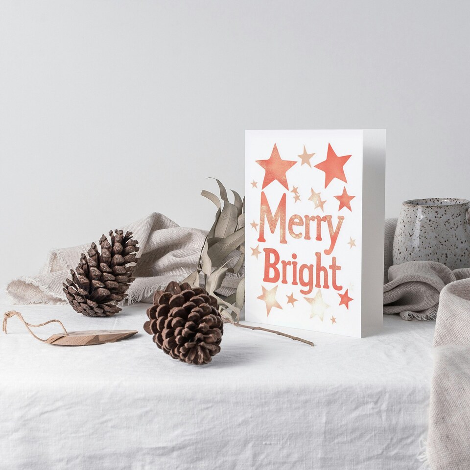 image 1 of Merry Bright Soft Pink Stars Bright Modern For Her Woman Christmas Card