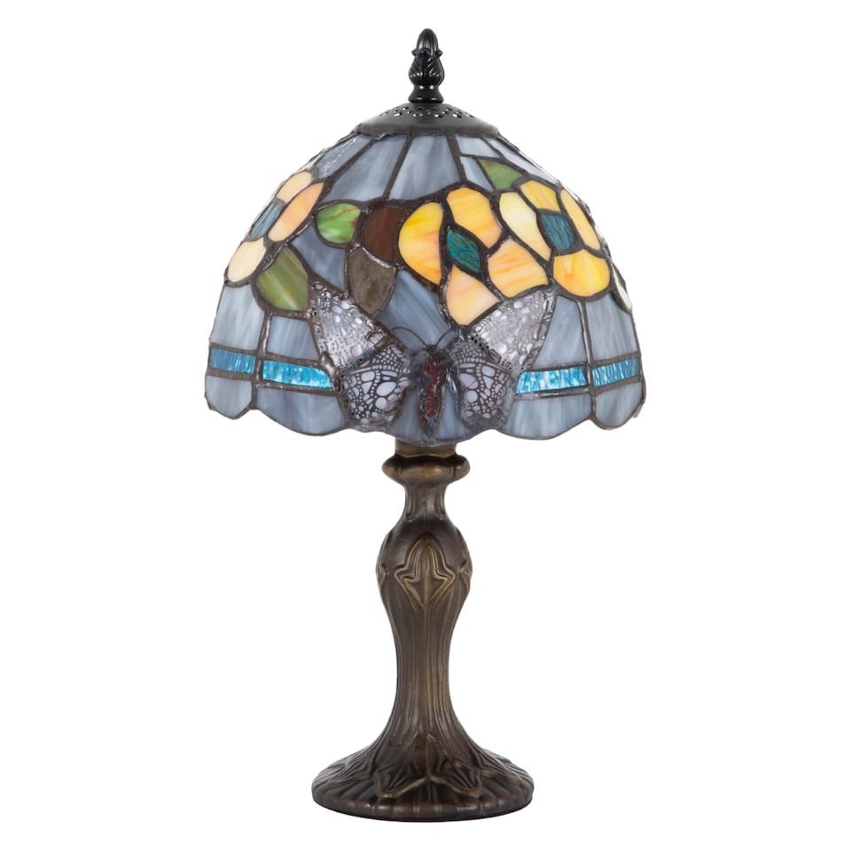 image 1 of Purple Stained Glass Butterfly Tiffany Lamp with Amber Roses and Sky Blue Strips | Purple