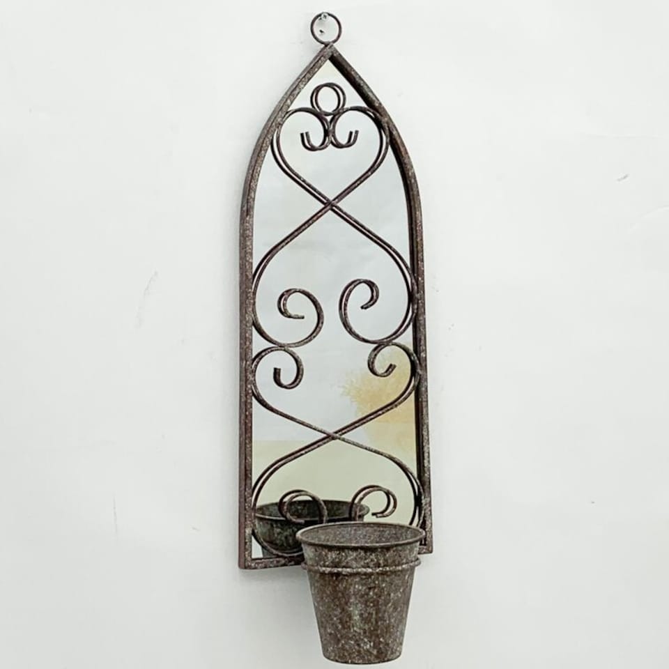 image 1 of 56cm Rusty Wall Mirror with Single Planter - Distressed Metal - L15 x W20 x H65 cm