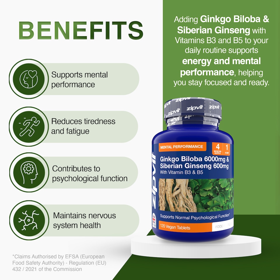 image 1 of Zipvit Ginkgo Biloba 6000mg & Siberian Ginseng 600mg with Vitamin B3 & B5, Energy & Mental Performance, 120 Vegan Tablets, 4-Month Supply
