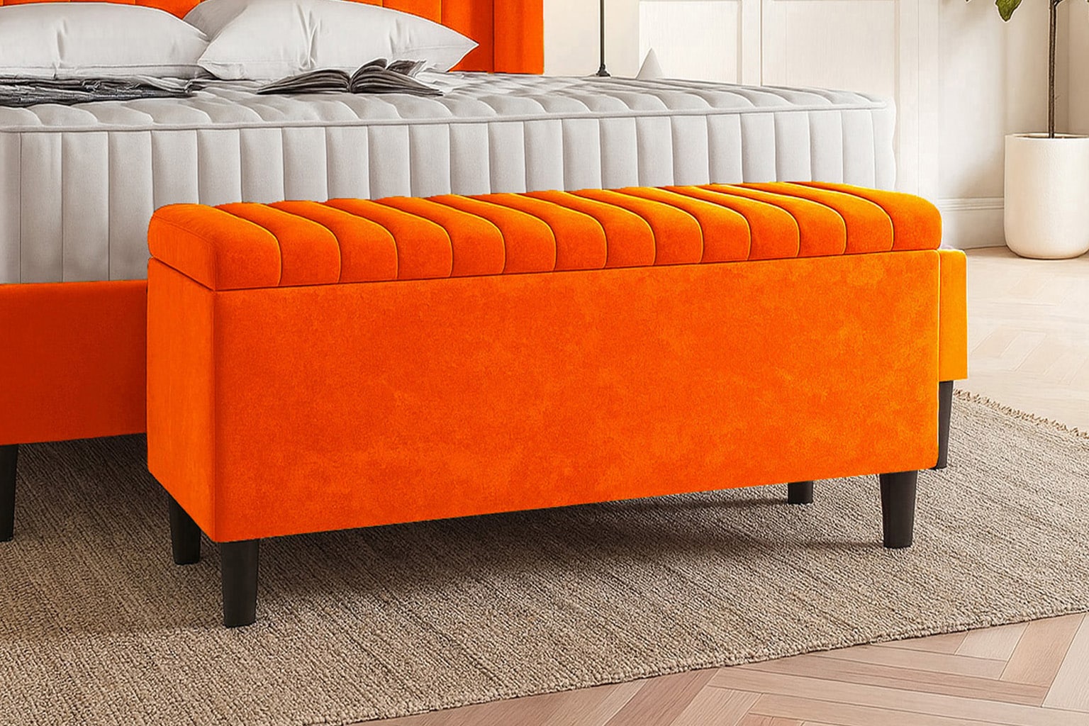 180cm Lined Upholstered Ottoman Storage box - Burnt Orange Plush Velvet Blanket Storage Box with Wooden Legs