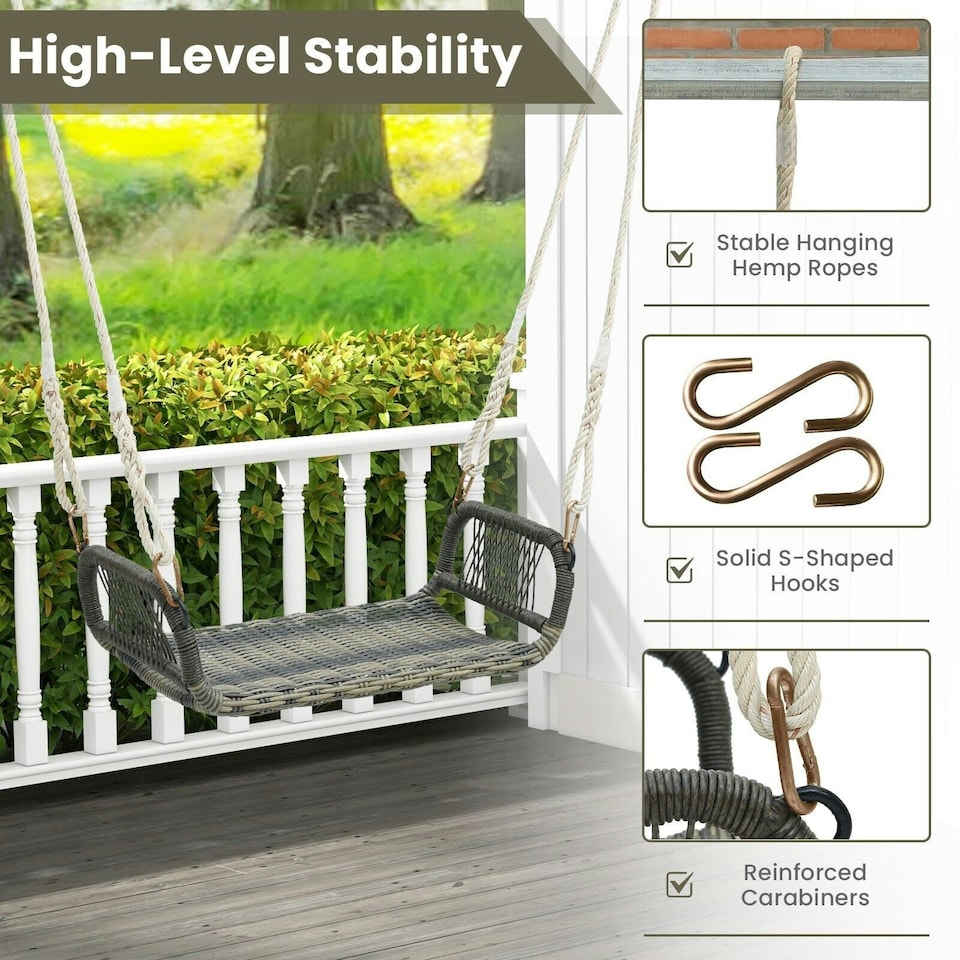 image 1 of COSTWAY Patio Swing Bench Backless Rattan w/Hanging Ropes Black