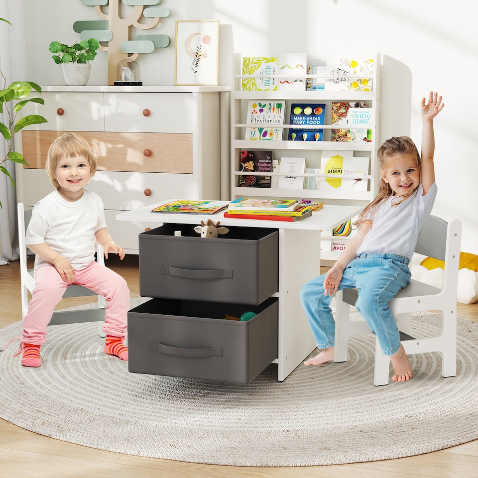 image 1 of COSTWAY Toddler Wooden Activity Table & 2 Chairs Set White